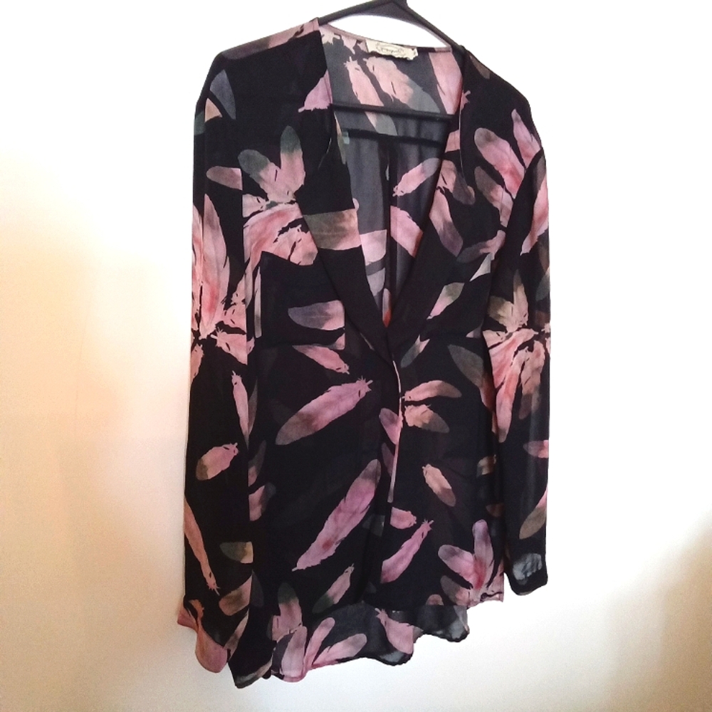 Propaganda Women's Black Sheer Pink Feather Print Tunic Blouse Size Medium